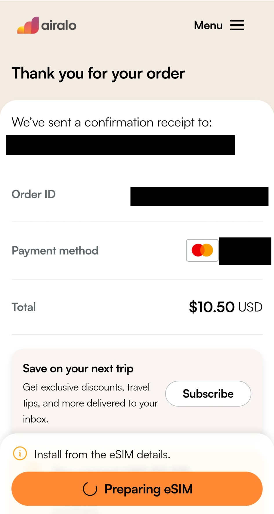 La confirmación de Airalo muestra USD 10.50. Prueba la compra, no todos los pasos posteriores de instalación.