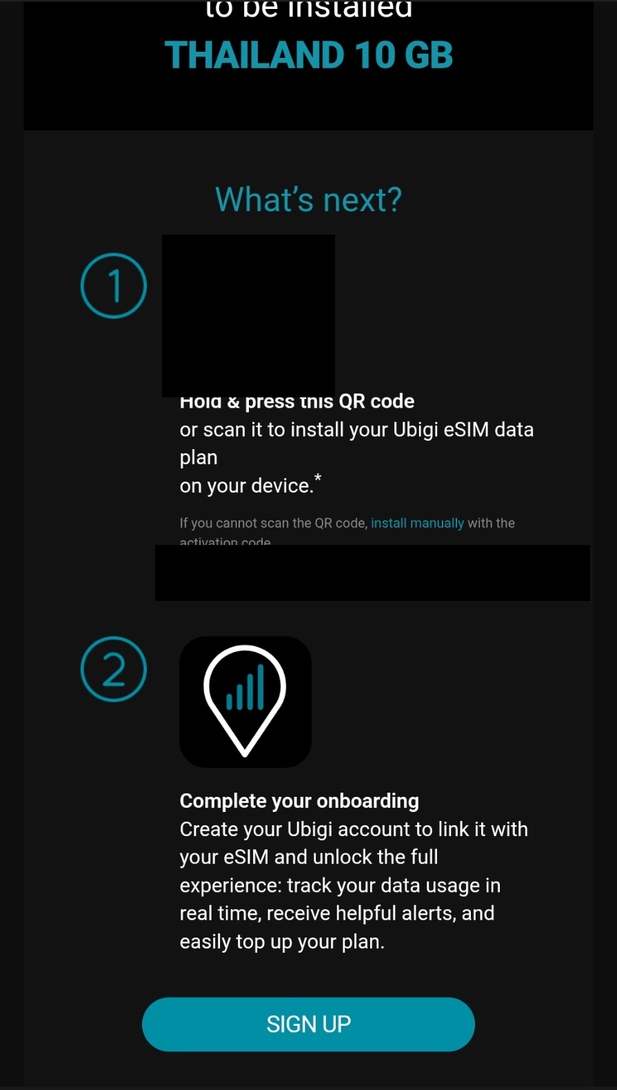 El correo de Ubigi incluye instrucciones QR. Se ocultaron el QR y los datos personales de activación.
