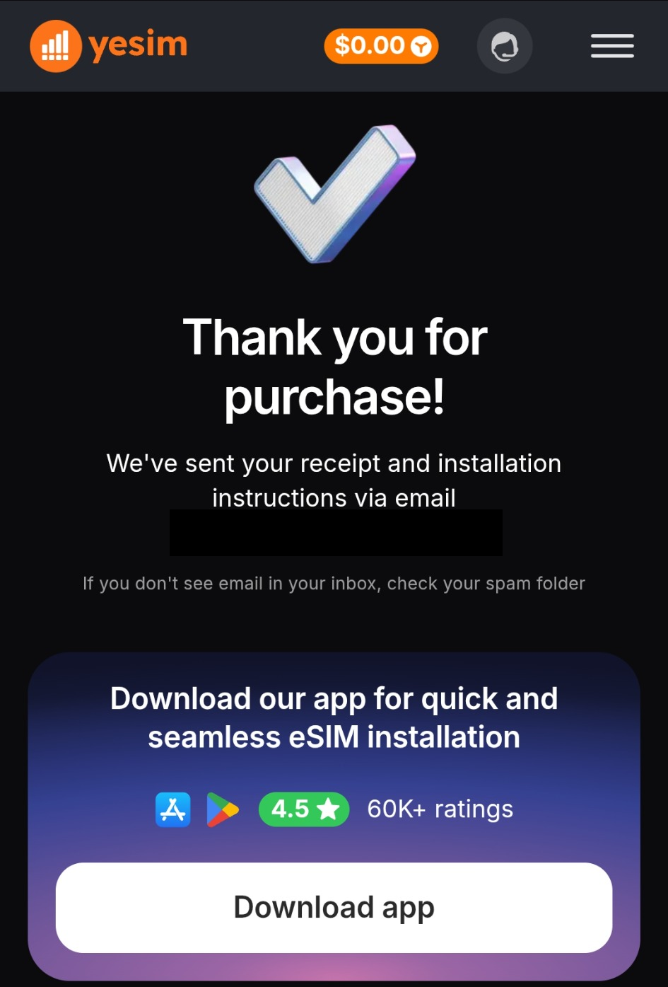 Yesim confirma la compra y el envío de instrucciones por correo. El botón de la app no demuestra que sea obligatoria.